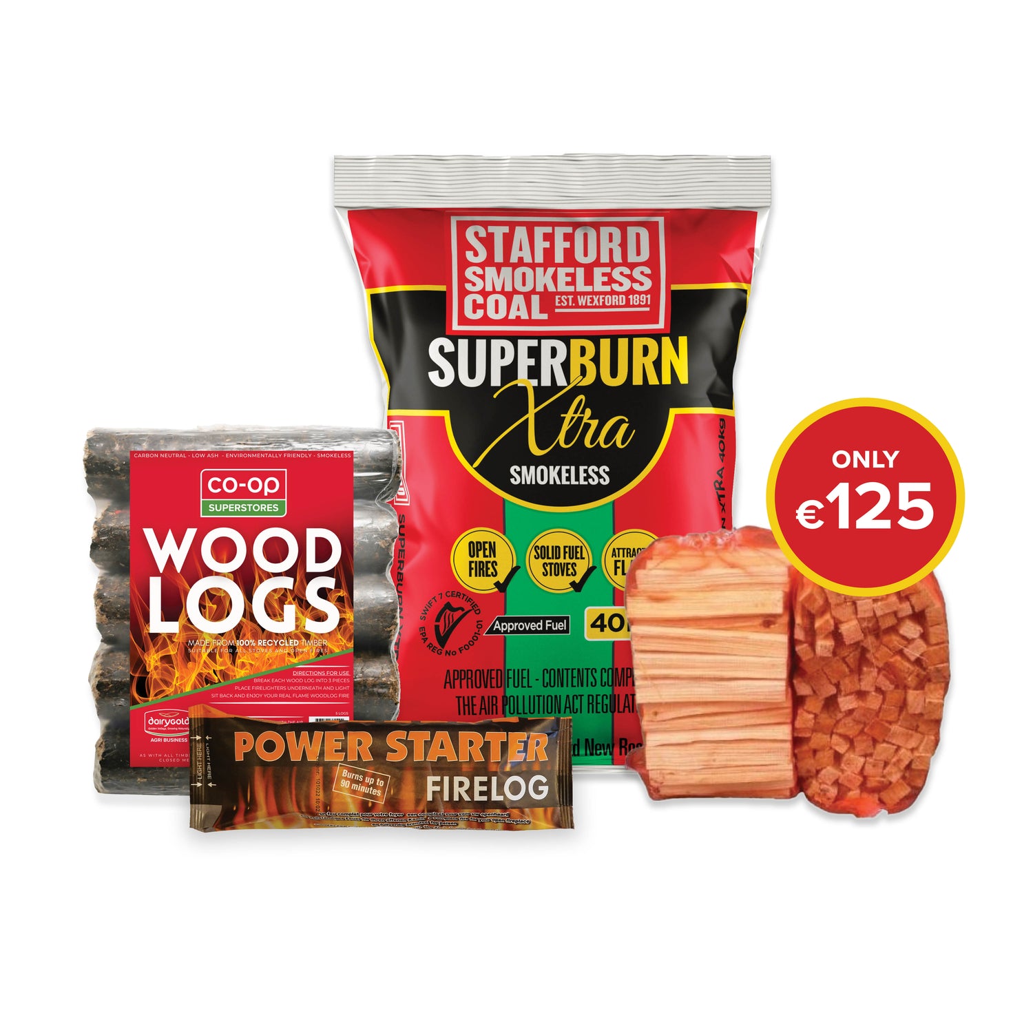 Buy 3 bag Superburn 40kg, 10 Firelogs, 3 bags of Kindling and 3 bale of Woods logs 5s for €125