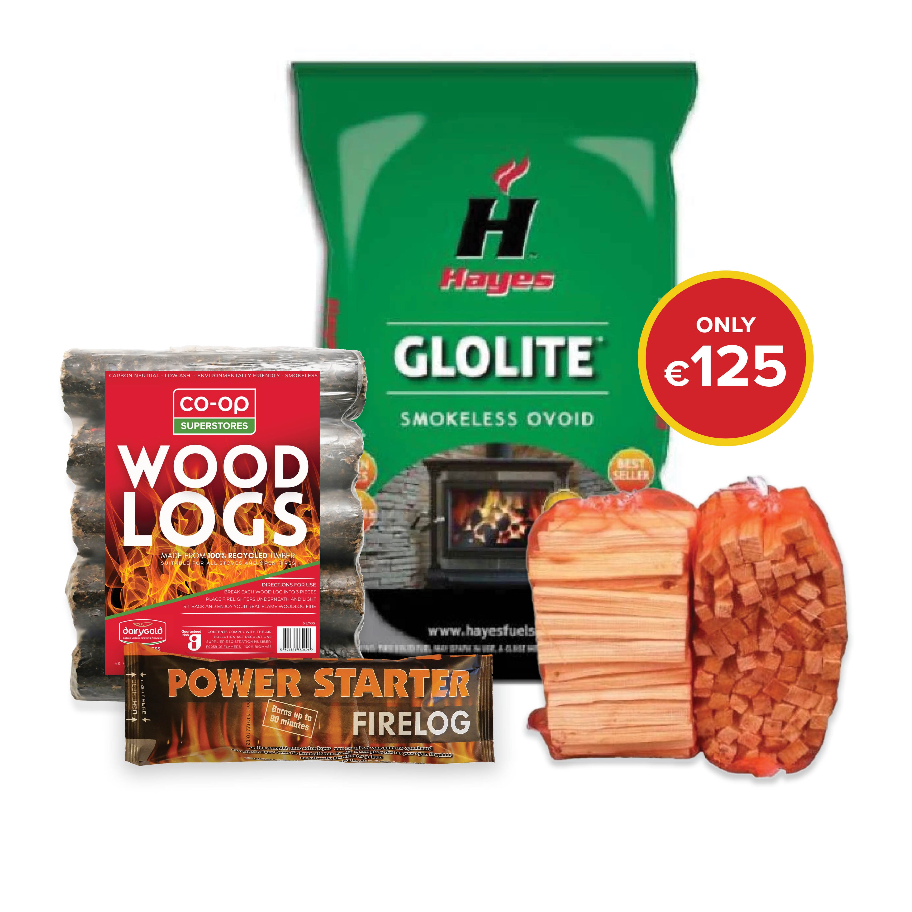 Buy 3 bag Glolite 40kg, 10 Firelogs, 3 bags of Kindling and 3 bale of Woods logs 5s for €125