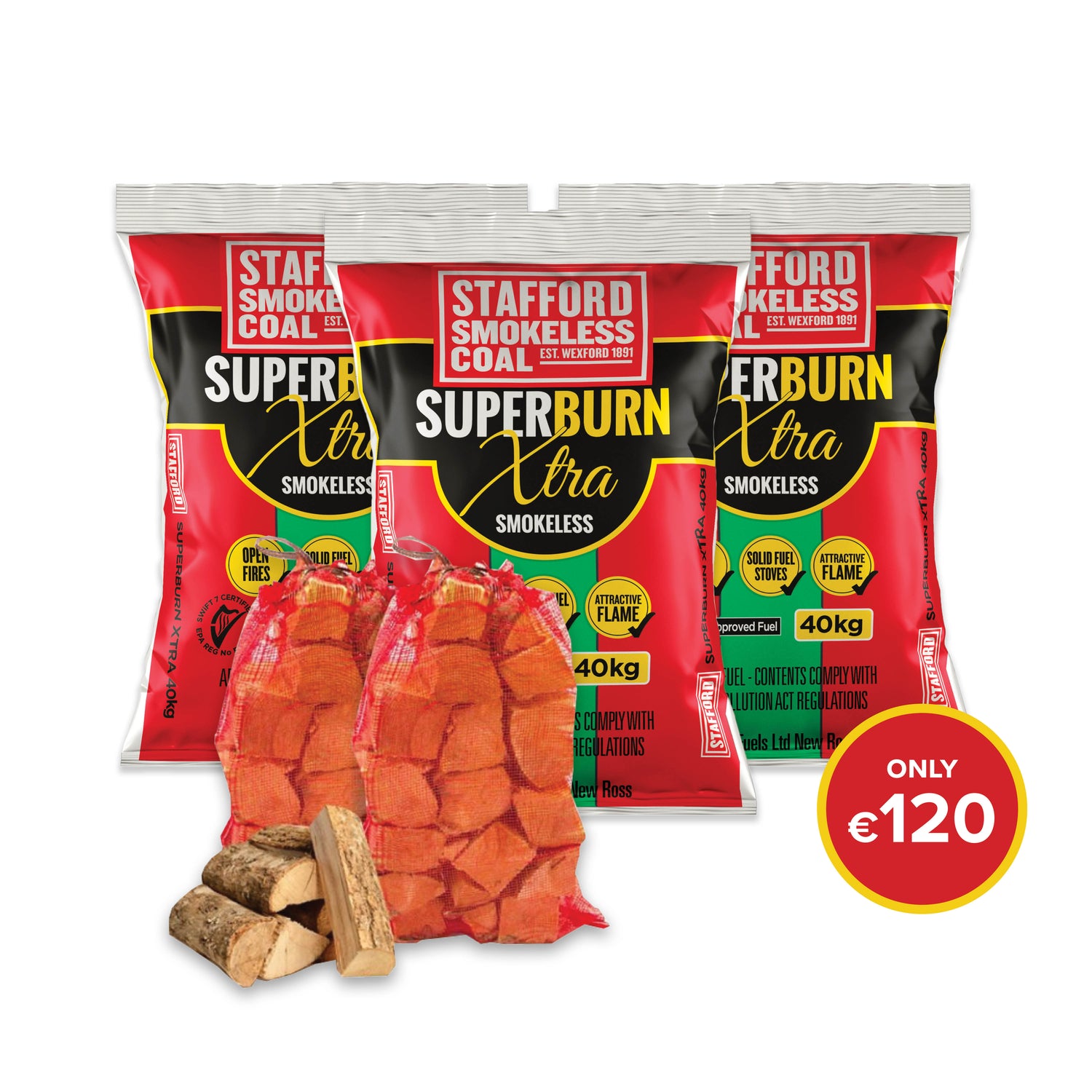 Buy 3 bag Superburn 40kg &amp; 5 bags of Kiln Dried Firewood for €120