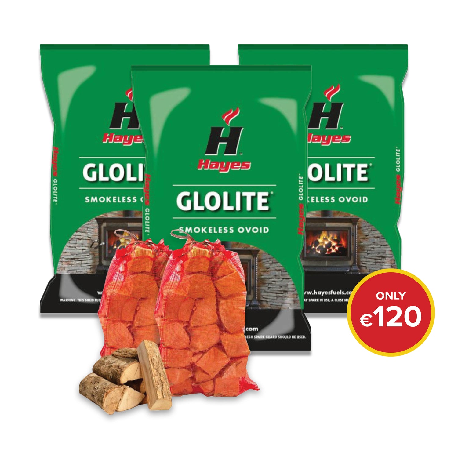Buy 3 bag Glolite 40kg &amp; 5 bags of Kiln Dried Firewood for €120