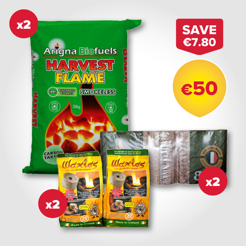 Buy 2 30L bags of Harvest Flame, 2 packs of Willow Warm and 2 packs of Waxies for €50