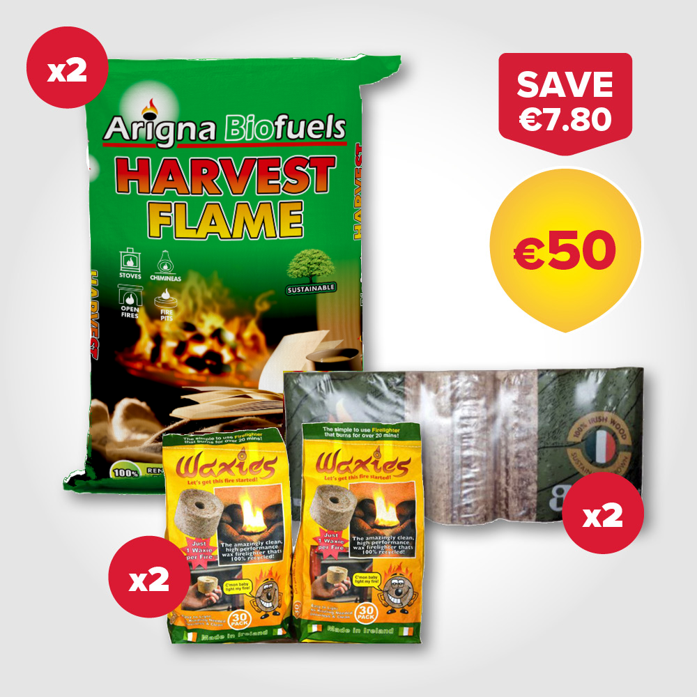Buy 2 30L bags of Harvest Flame, 2 packs of Willow Warm and 2 packs of Waxies for €50