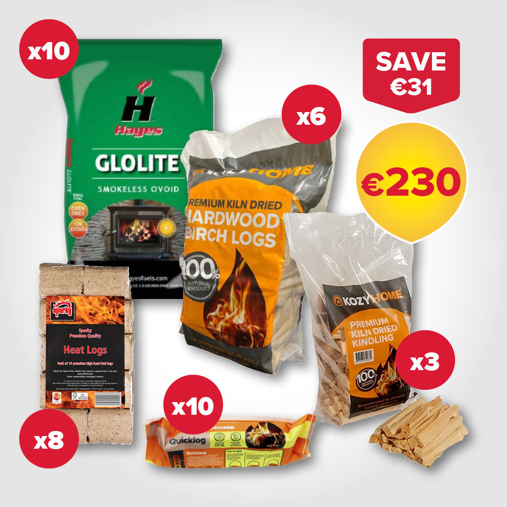 Buy 10 bags of 20kg Coal, 8 packs of Heat Log Briquettes, 6 20L bags of Firewood, 3 bags of Kindling and 10 Firelogs for €230
