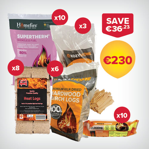 Buy 10 bags of 20kg Coal, 8 packs of Heat Log Briquettes, 6 20L bags of Firewood, 3 bags of Kindling and 10 Firelogs for €230