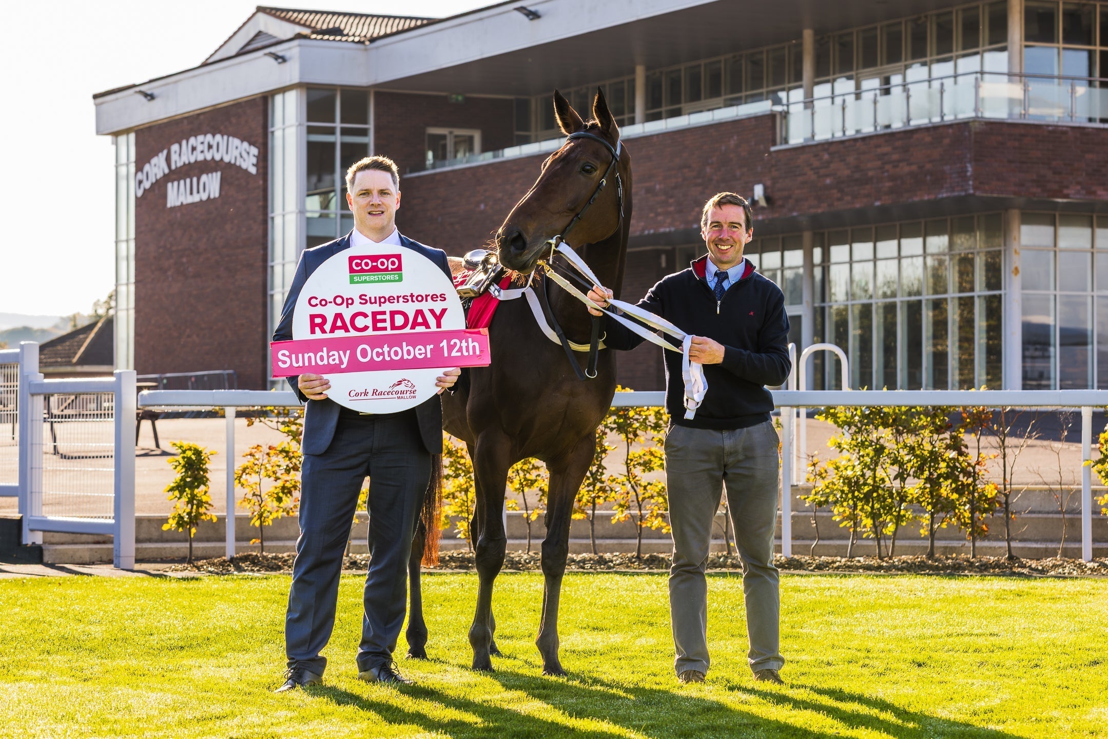 Pictured at the launch of the Co-Op Superstores Raceday taking place at Cork Racecourse Mallow on Sunday 12th October are Co-Op Superstores Retail Operations Manager Jerry Riordan and Cork Racecourse Mallow General Manager Eoghan O'Grady.
