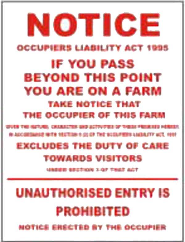 Small Farm Sign - Public Liability Act 1995