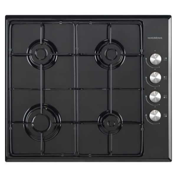 NordMende HGE603BL 60cm Gas Hob with Enamel Pan Supports Black Glass