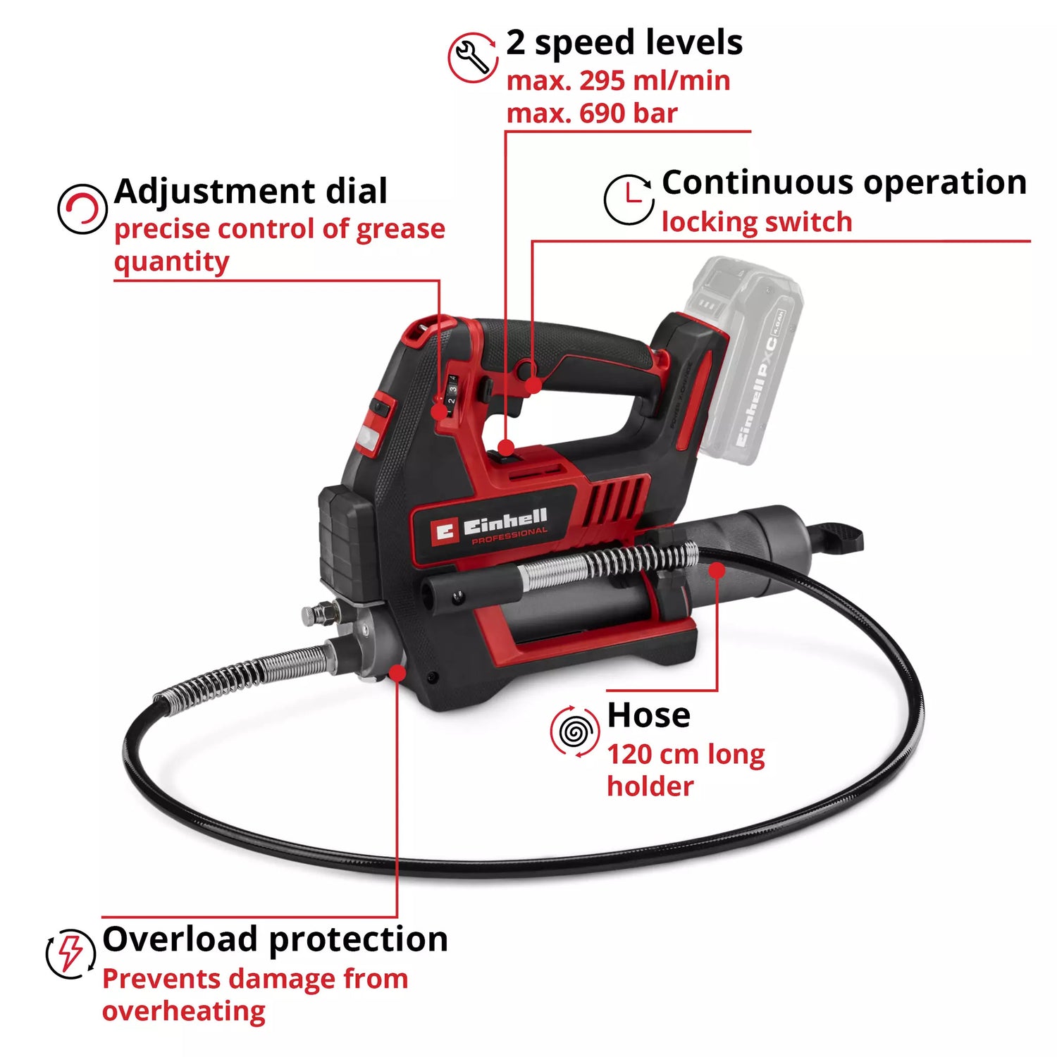 Einhell Professional PXC 18V TP-GR 18/690 Li Grease Gun - Body Only