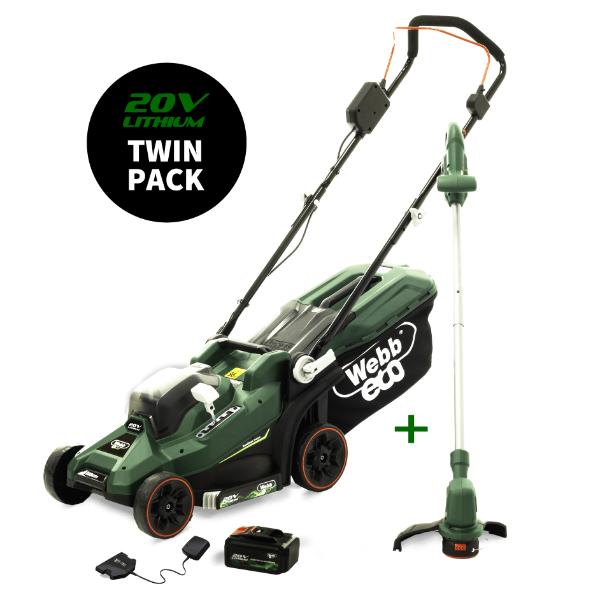 Webb 20V 33cm (14") Cordless Rotary Lawnmower plus 20V 25cm Line Trimmer (4AH Battery &amp; Charger)