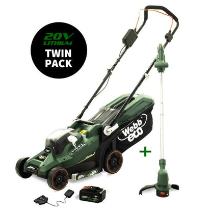 Webb 20V 33cm (14") Cordless Rotary Lawnmower plus 20V 25cm Line Trimmer (4AH Battery &amp; Charger)