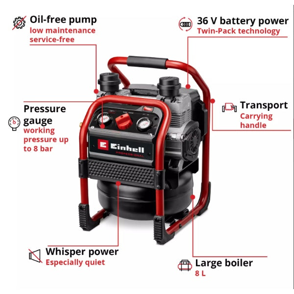 Einhell Professional PXC 36V SILENZZO 36/210 8 Litre 8 Bar Silent Oil Free Compressor - Body Only