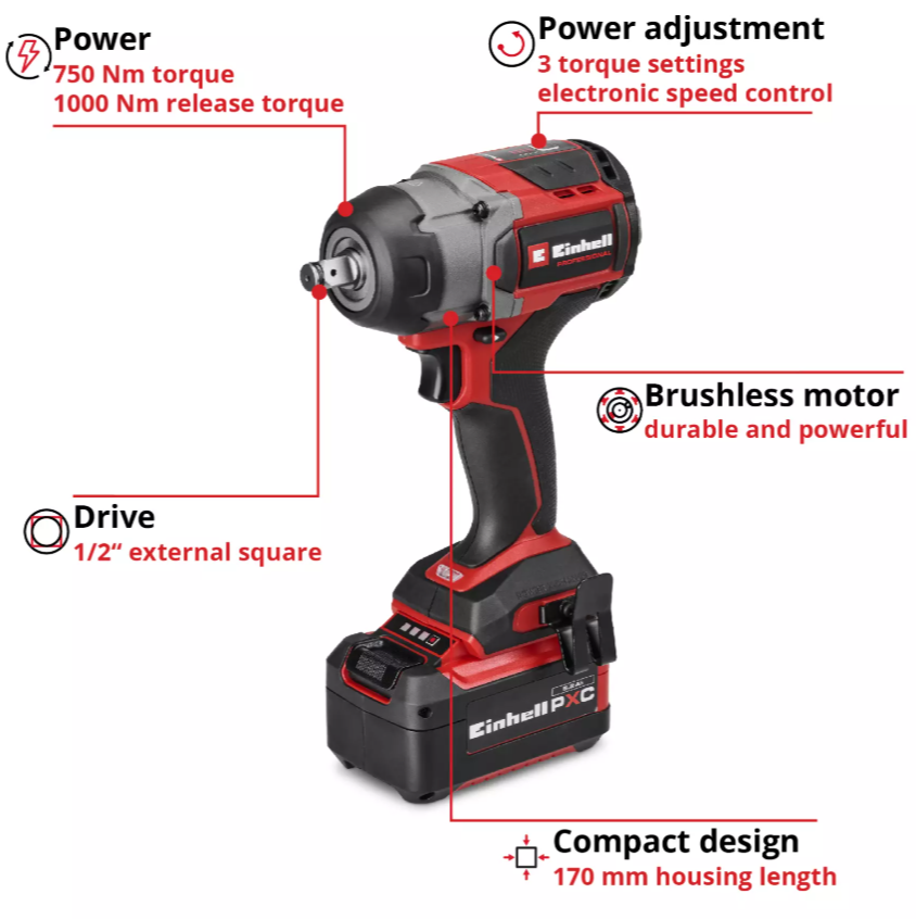 Einhell Professional PXC 18v 750nm Compact Impact Wrench Kit (1x 5.2AH)
