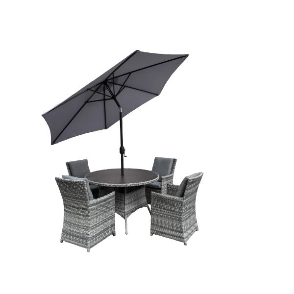 Algarve 4 Seater Aluminium Frame Rattan Outdoor Dining Set with Parasol, Lazy Susan, Cushions &amp; Cover