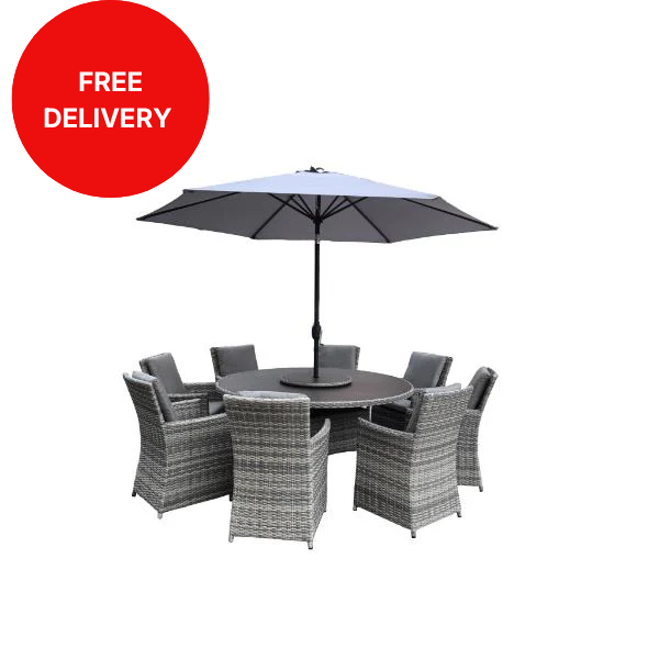 Algarve Outdoor 8 Seater Outdoor Dining Set with Lazy Susan, Parsol &amp; Cover