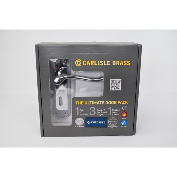 Carlisle Brass Ultimate Door Pack Shelbourne Lever On Place, Lock And 3 Hinges Pol Chrome