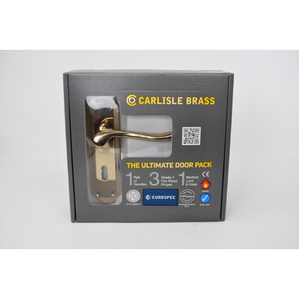 Carlisle Brass Ultimate Door Pack Shelbourne Lever On Place Lock And 3 Hinges Brass