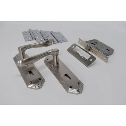 Carlisle Brass Ultimate Door Pack Shelbourne Lever On Place Lock And 3 Hinges Satin Nickle