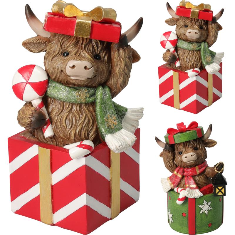 Christmas Highland Cows In Presents 20Cm 2 Assorted