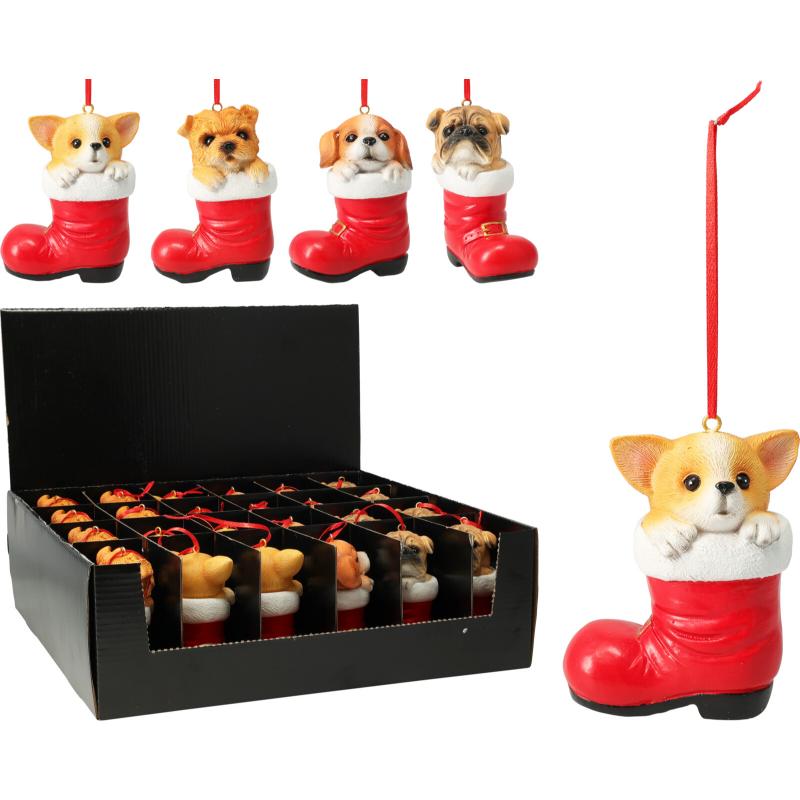 Christmas Dog In Boot Hanging Decorations 4Assorted