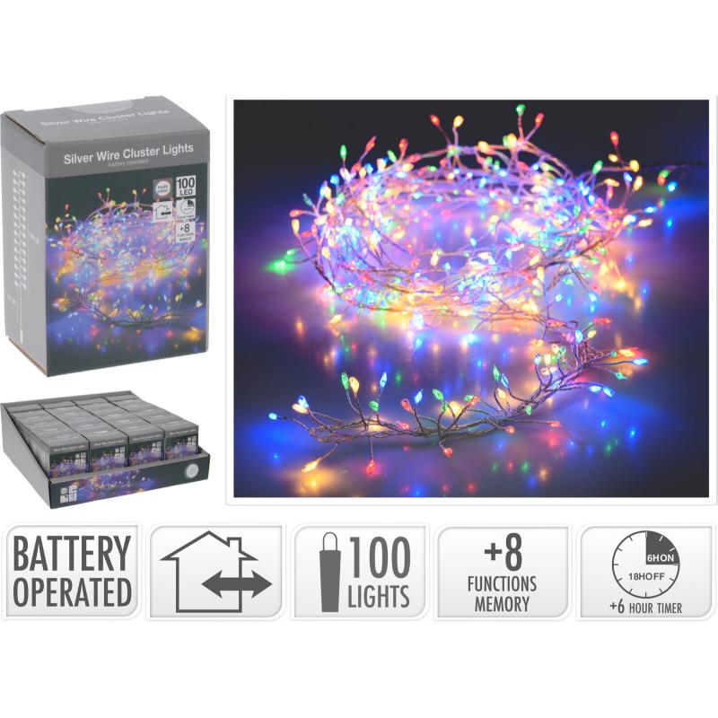 100 LED Silver Wire Cluster  Battery Operated Multi Coloured