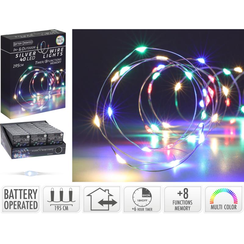 40 LED Silver Wire R  Battery Operated  Multi Colour