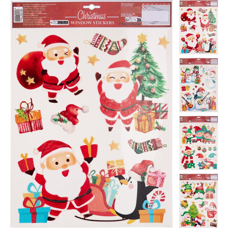 Christmas Window Stickers With Glitter  4 Assorted