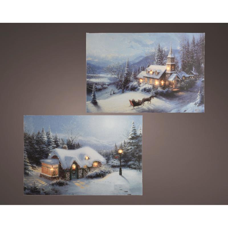 Christmas Cabin Canvas With Led 38Cm X 28Cm  2 Assorted
