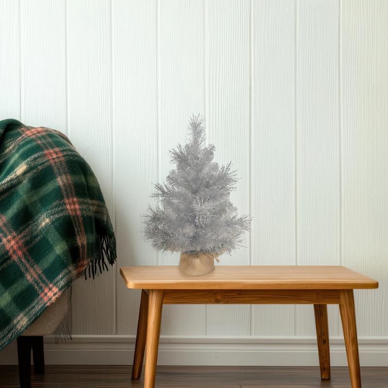 Silver Tinsel Pre-Lit Tree With LED 2Ft (60Cm)