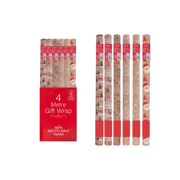 Christmas Kraft Wrap Pack 4m 36 assorted