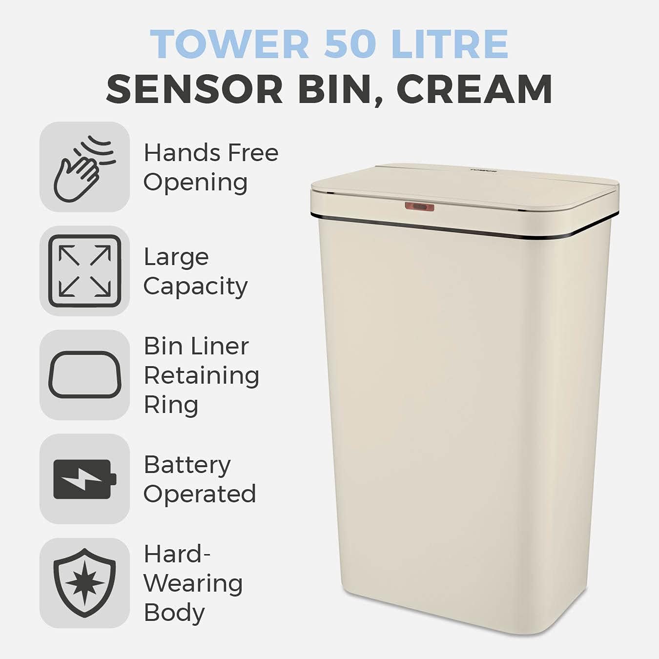 50L Rectangular Sensor Bin Cream