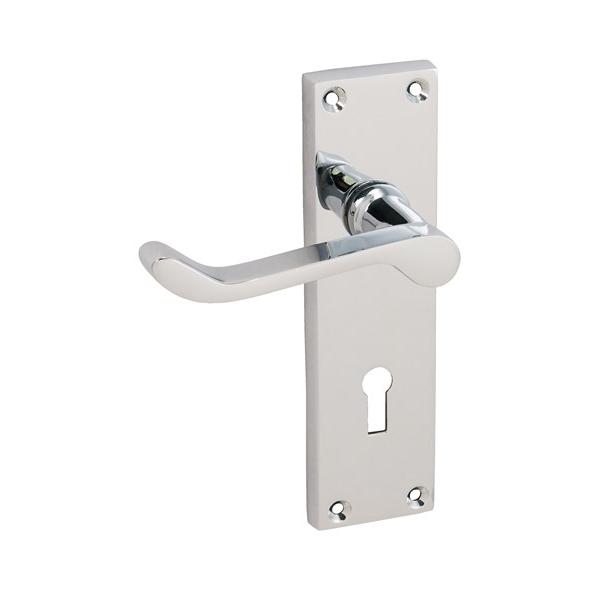 Sichern Polished Chrome Victorian Scroll Lever Lock Furniture on a traditional plate