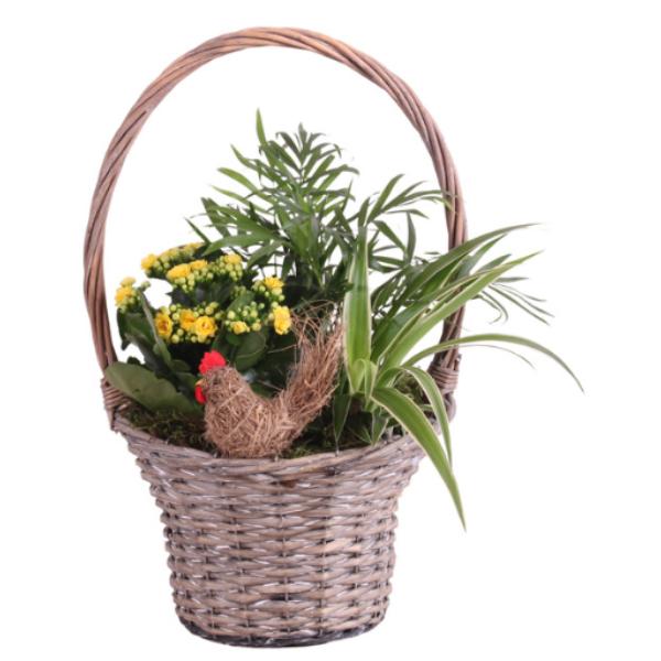 Easter Floral Large Woven Basket with Hen Decoration