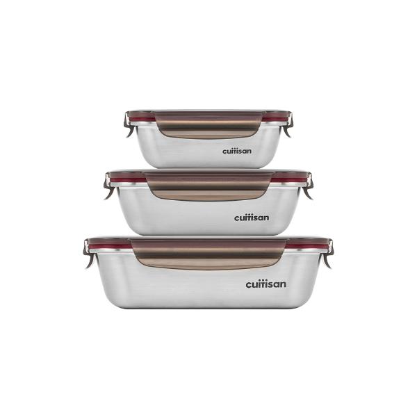 Candl Cuitisan Flora Rectangular Stainless Steel Microwaveable Container Set 300Ml 580Ml And 1100Ml
