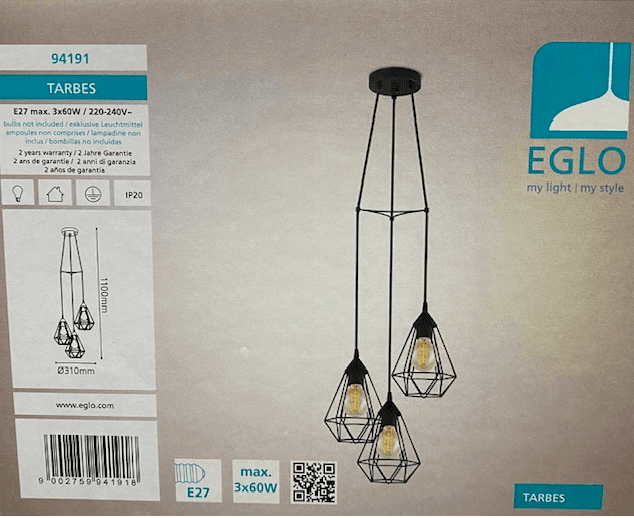Eglo Tarbes 3 Ceiling Hanging Pendant Light - Black