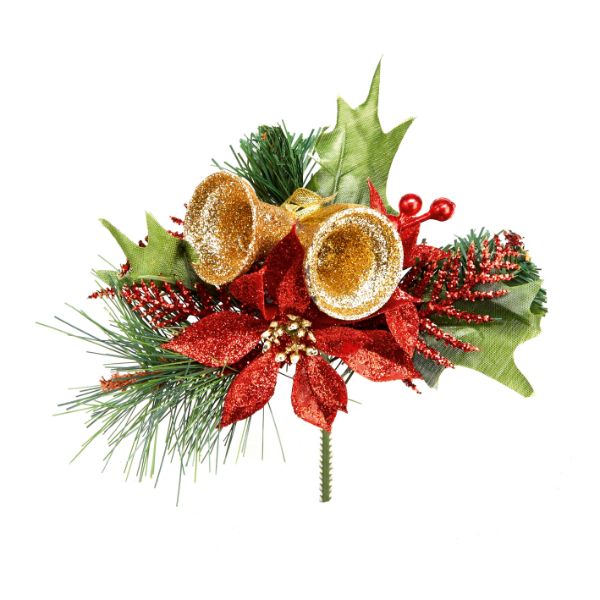 Christmas Poinsettia And Bells Pick 16Cm Red &amp; Gold