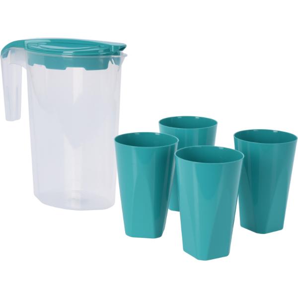Transparent Jug With Lid 1750ml With 4 Mugs 3 Assorted Colours