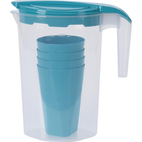 Transparent Jug With Lid 1750ml With 4 Mugs 3 Assorted Colours