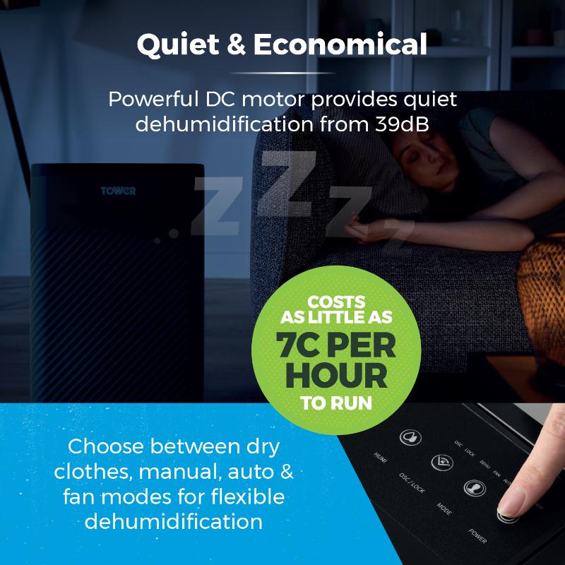 Tower 10L Dehumidifier DC Motor 24 Hour Timer &amp; 4 Modes