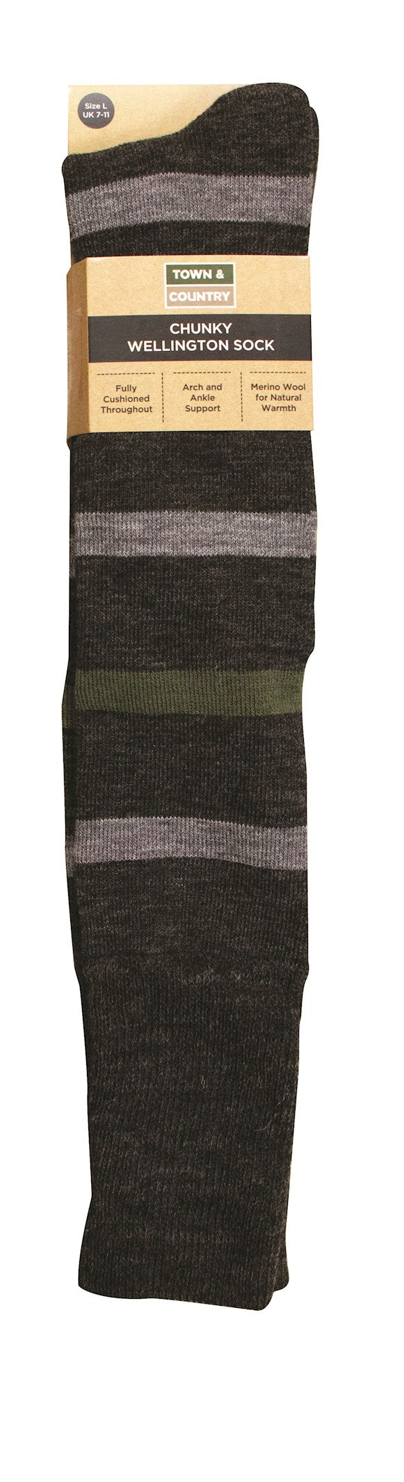 Town And Country Chunky Grey Stripe Wellington boot sock Size  7-11