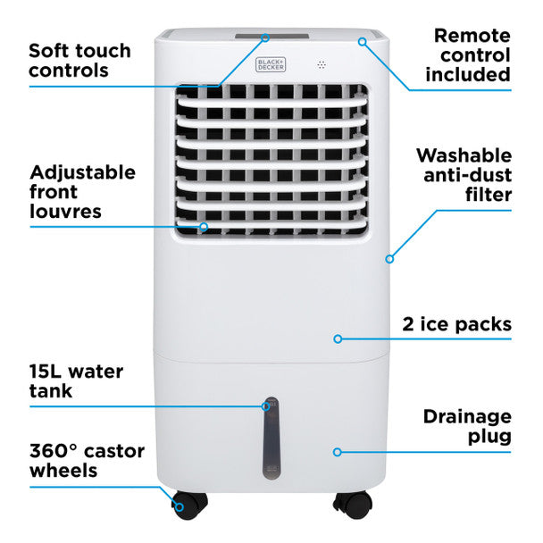 BLACK+DECKER 3-in-1 Air Cooler with 3 Speeds, 15L Water Tank,
8hr Timer, Remote Control, White