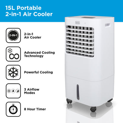 BLACK+DECKER 3-in-1 Air Cooler with 3 Speeds, 15L Water Tank,
8hr Timer, Remote Control, White