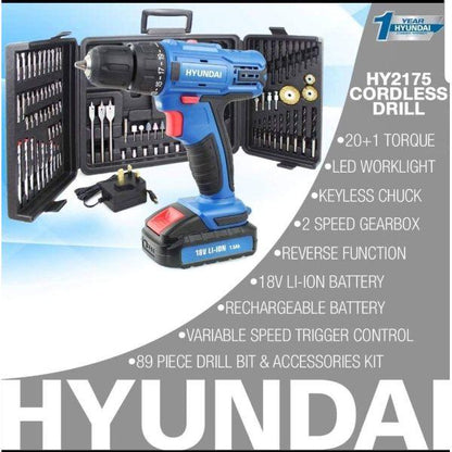 Hyundai 18V Cordless Drill &amp; 89pce Accessory Kit
