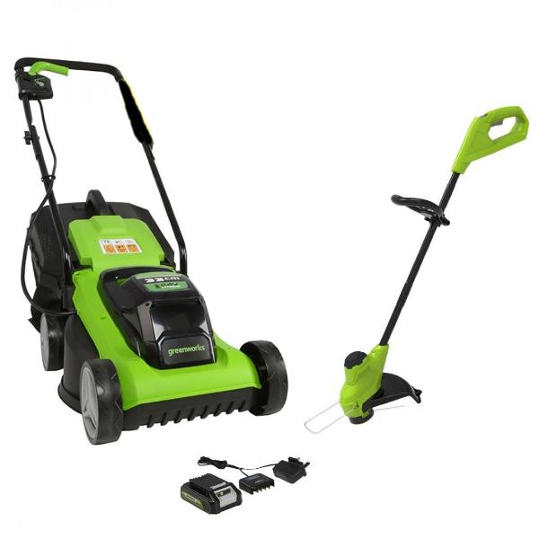 Greenworks 33cm Lawnmower &amp; Strimmer Kit 24V 4ah Battery &amp; Charger