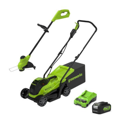 Greenworks 33cm Lawnmower &amp; Strimmer Kit 4ah battery &amp; charger