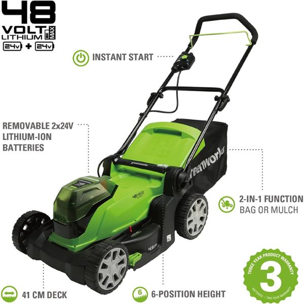 Greenworks 41cm Cordless Lawnmower 48V with Two Batteries &amp; Twin Charger