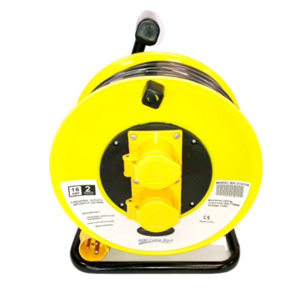 Rugged 40mtr 16Amp 110Volt 2 Socket Cable Reel Yellow