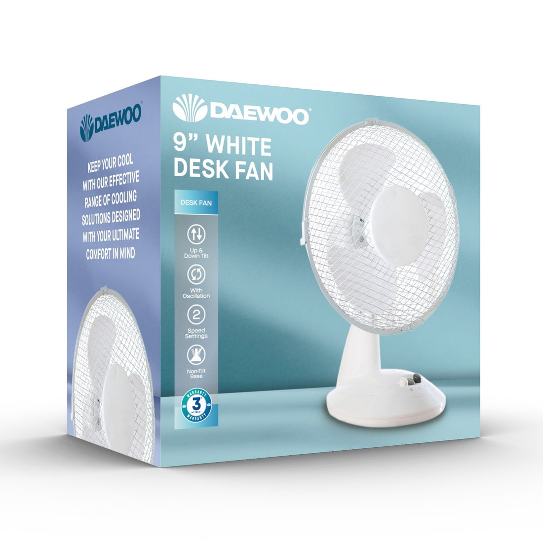 Daewoo 9" Oscillating 2 Speed Desk Fan White