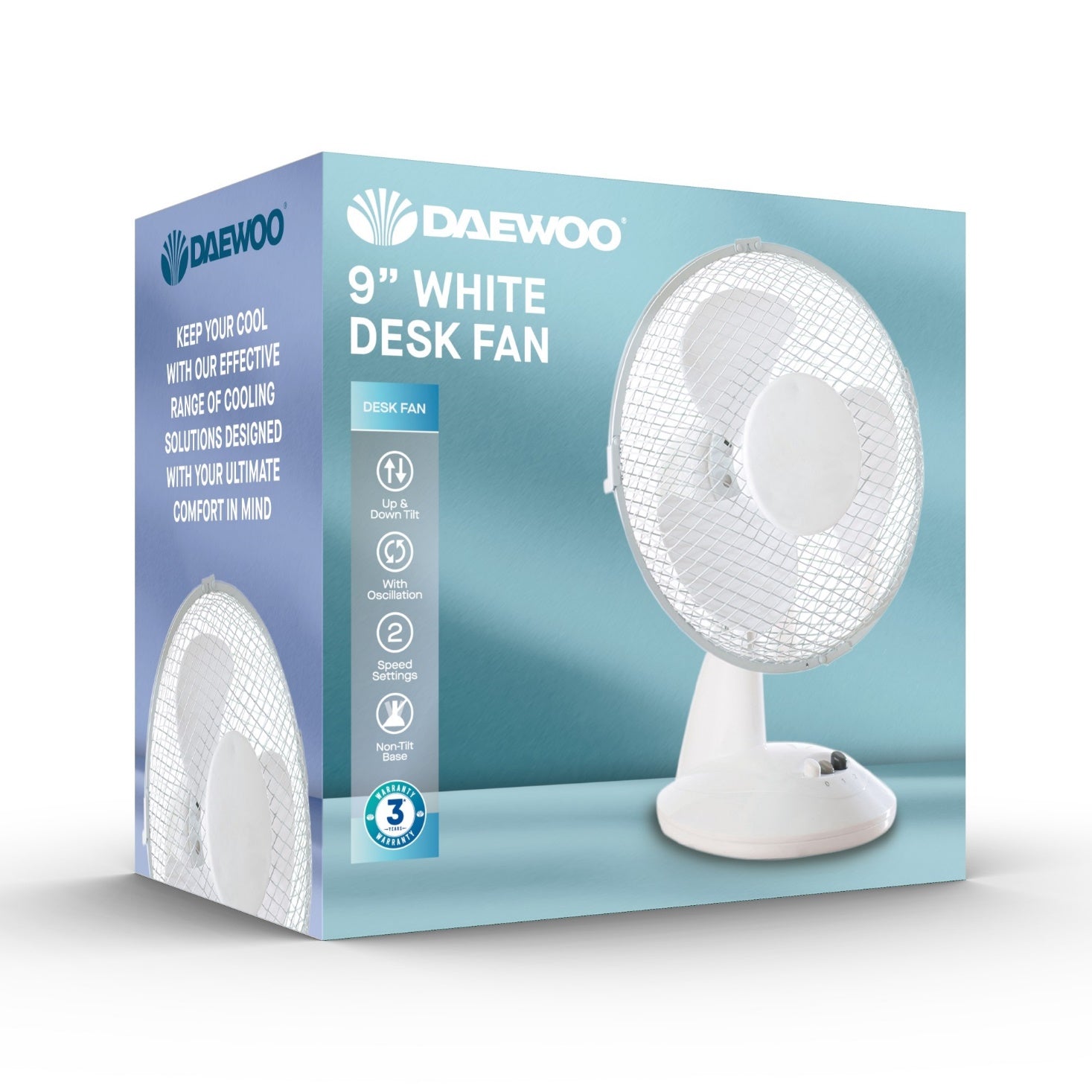 Daewoo 9" Oscillating 2 Speed Desk Fan White