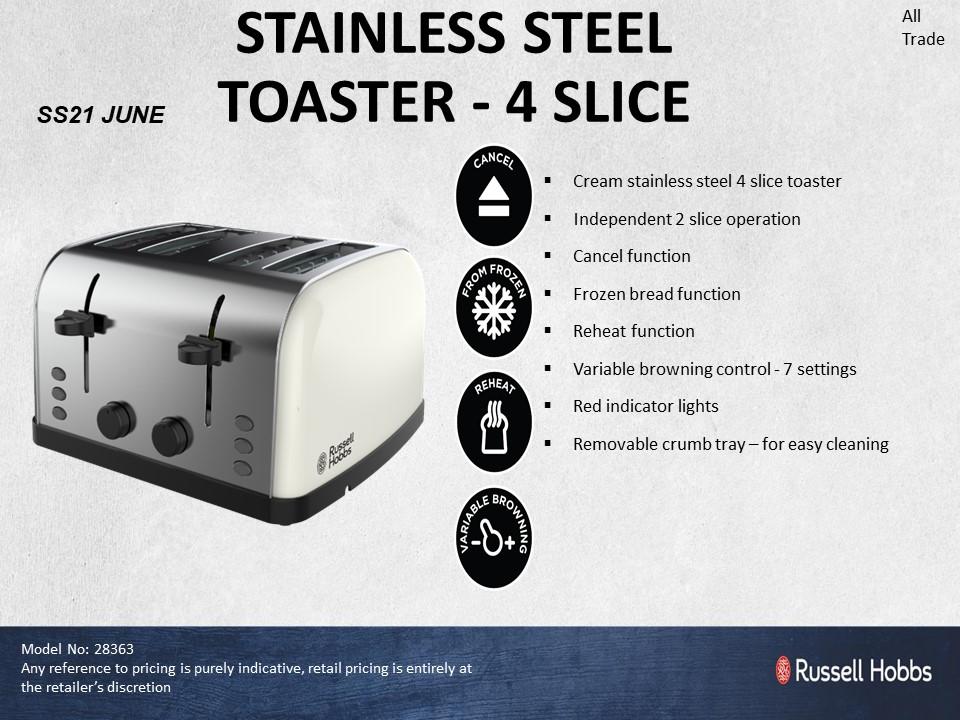 Russell Hobbs 4 Slice Cream Steel  Toaster