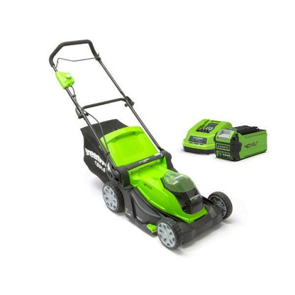 GREENWORKS 40V 41CM/16&quot; CUT BATTERY LAWNMOWER with 2 X 2AH Batteries &amp; Charger 